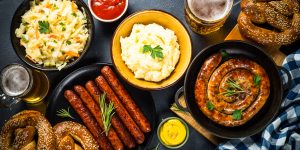 Oktoberfest food sausage beer and bretzel